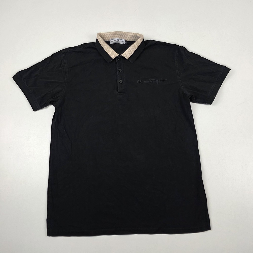Salvatore Ferragamo Polo Shirt Mens Large Black Contrast Collar Logo Italy